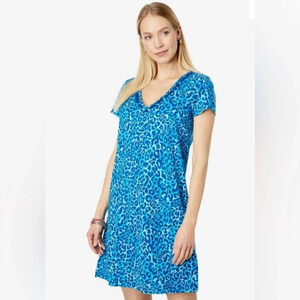 Lilly Pulitzer 100% Pima Cotton Etta Dress Blue Pom Pom Trim Leopard Print Sz M